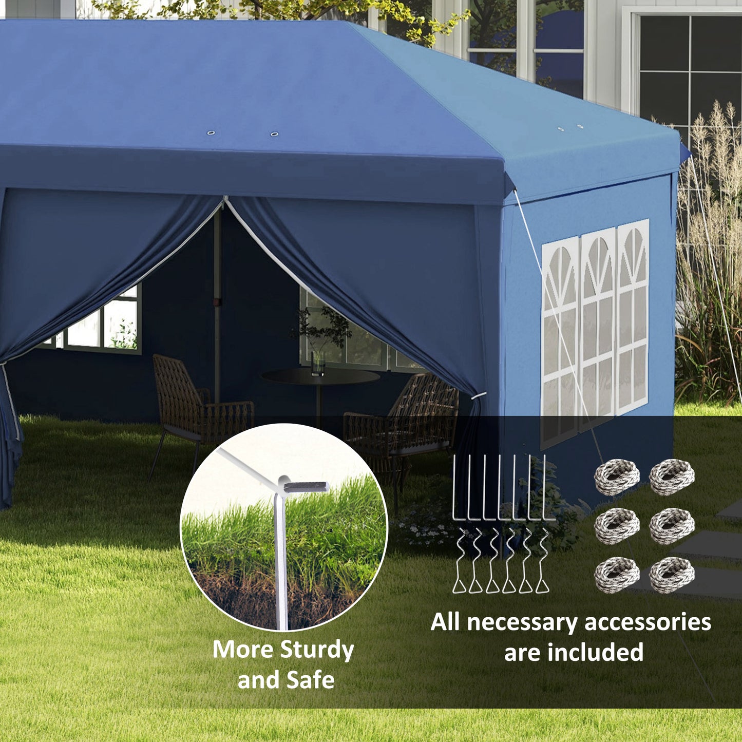 3x6m Pop-Up Gazebo, with Curtain Walls and Windows, Blue