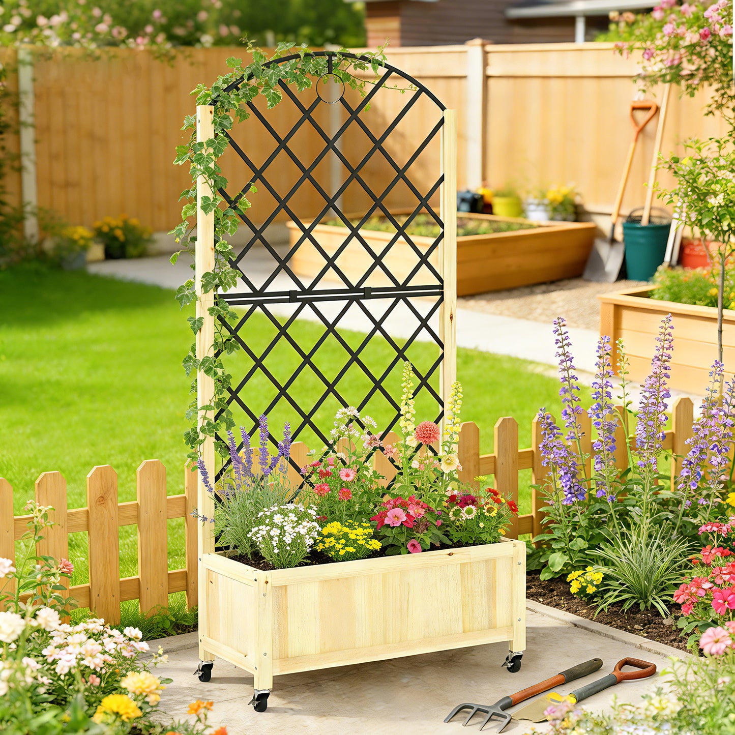 Raised Garden Bed with Metal Trellis, Wooden Elevated Planter Box with Lockable Wheels, Outdoor Raised Planter, Natural