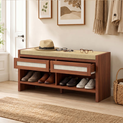 Boho Shoe Bench with 2 Rattan Drawers, Shoe Storage Bench with Cushioned Seat and Open Shelf Brown