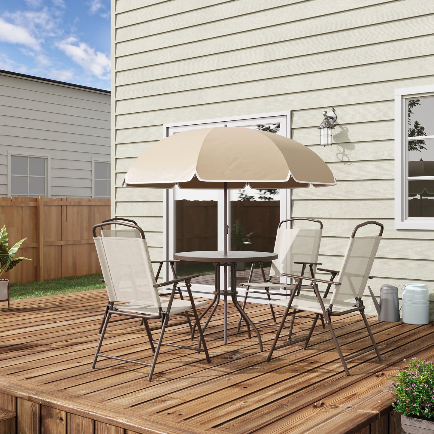 Garden Patio Texteline Folding Chairs Plus Table and Parasol Furniture Bistro Set 6 Pieces - Coffee/Cream