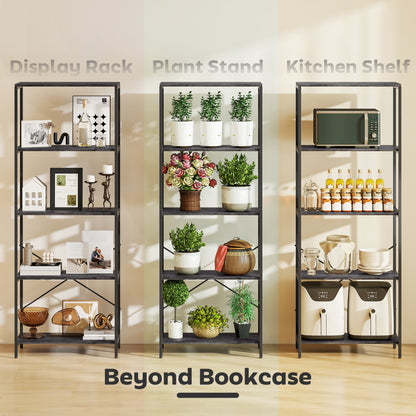 5-Tier Bookshelf, Industrial Bookcase with Metal Frame - Dark Grey and Black