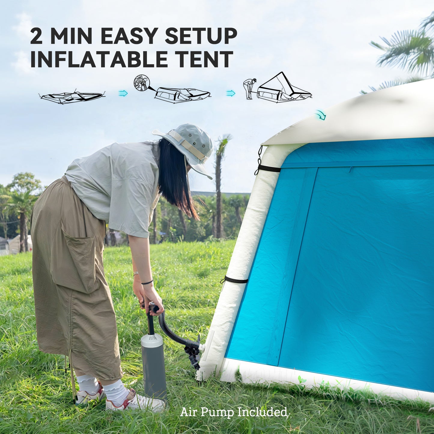 Inflatable Camping Tent w/ Hand Pump, Easy Setup 1/2 Person Blow Up Tent Waterproof 190T Taffeta w/ Mesh Windows