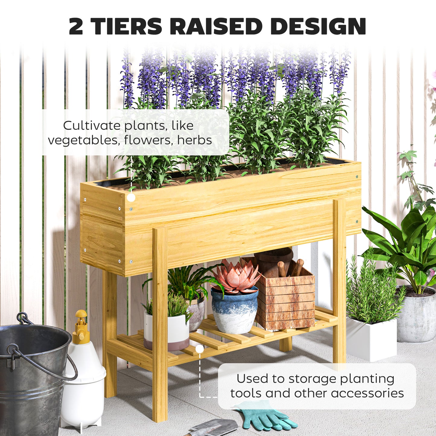 Wooden Raised Garden Bed, Elevated Planter Box with Bed Liner, Drainage Holes and Storage Shelf