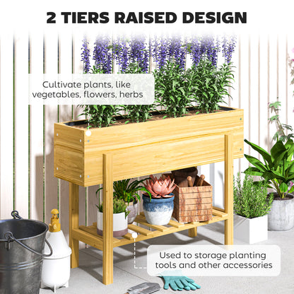 Wooden Raised Garden Bed, Elevated Planter Box with Bed Liner, Drainage Holes and Storage Shelf