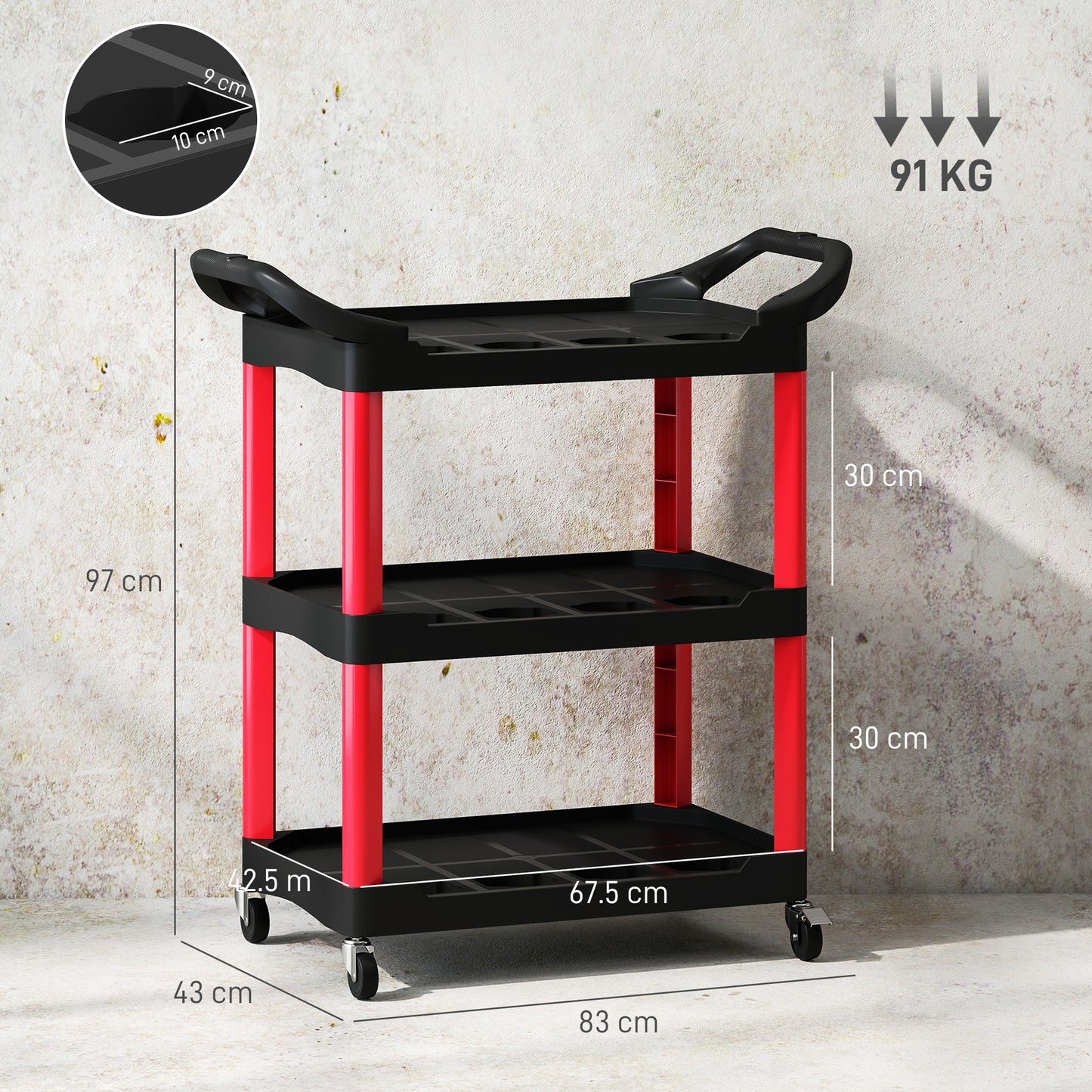 3-Tier Rolling Tool Cart, Tool Trolley on Wheels, Plastic Mobile Service Utility Cart with Handles for Garage