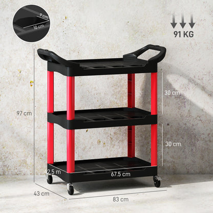 3-Tier Rolling Tool Cart, Tool Trolley on Wheels, Plastic Mobile Service Utility Cart with Handles for Garage