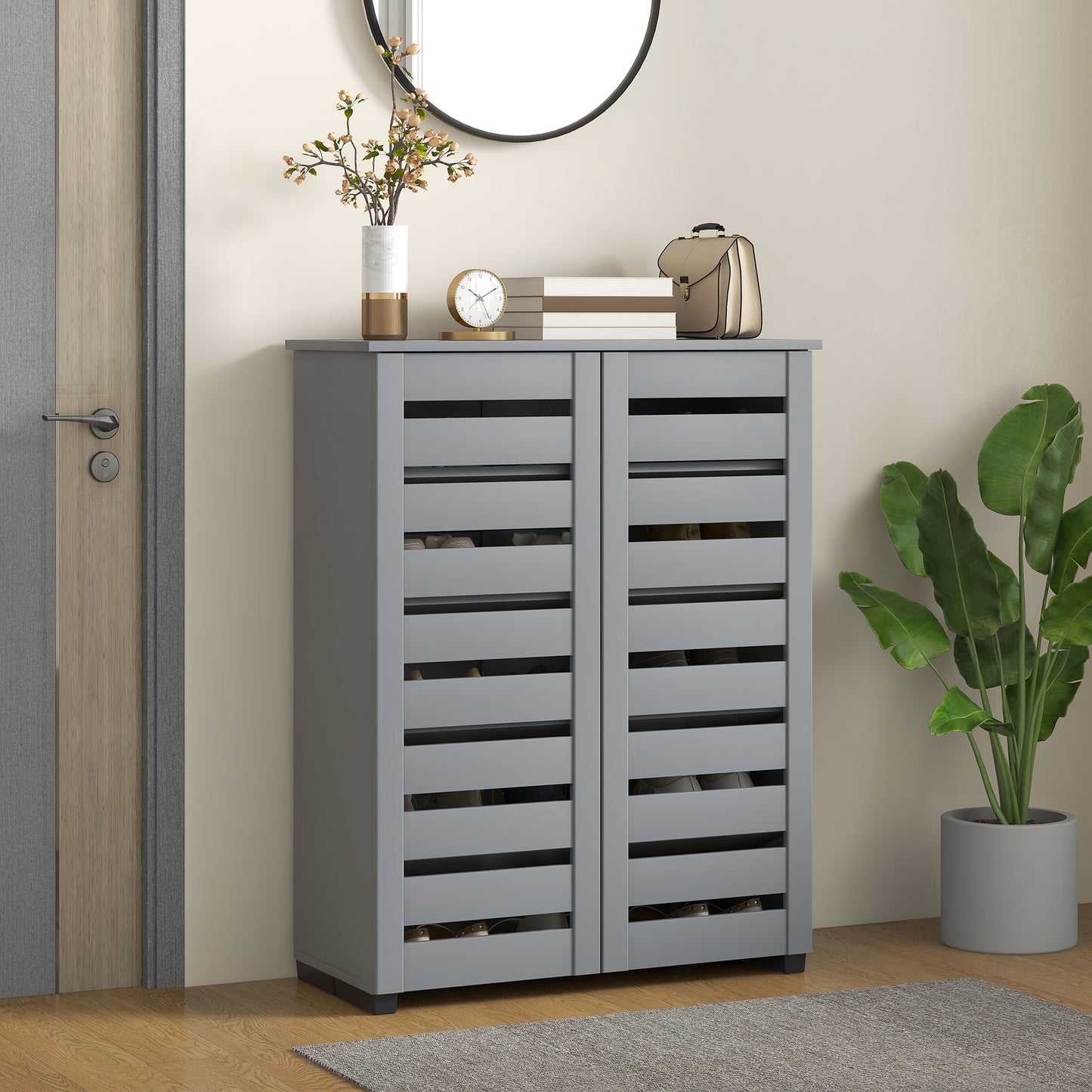 Narrow Shoe Cabinet for Entryway, 5-Tier Slim Shoe Storage Cabinet with 2 Slatted Doors and Adjustable Shelves Grey