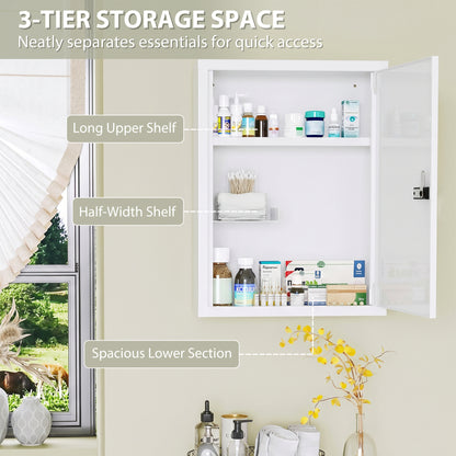 Wall Mount Medicine Cabinet, Bathroom Cabinet with Combination Lock, Door and Storage Shelves, White