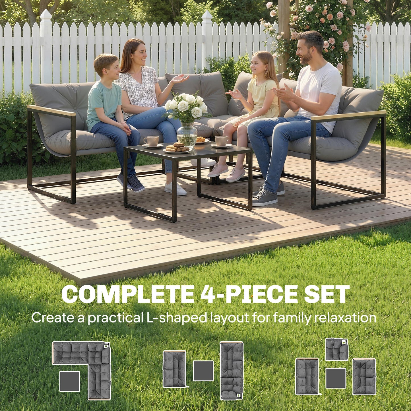 4 Piece Garden Furniture Set with Thick Cushions and Coffee Table, Patio Conversation Set for Porch, Balcony, Deck, Grey