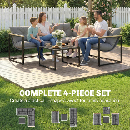 4 Piece Garden Furniture Set with Thick Cushions and Coffee Table, Patio Conversation Set for Porch, Balcony, Deck, Grey
