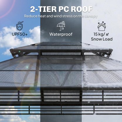 3 x 3.6 m Outdoor Hardtop Gazebo Canopy with 2-Tier Roof, Permanent Pavilion Garden Metal Gazebo with Sides, Dark Grey