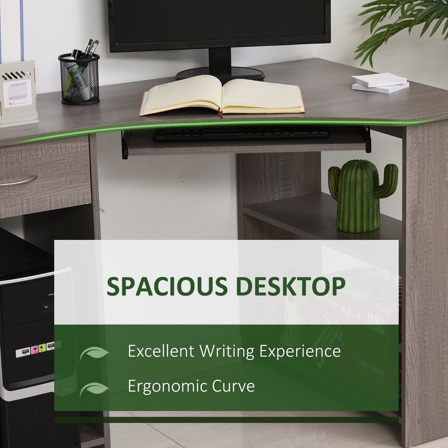 L-Shaped Corner Computer Desk w/ 2 Shelves Wide Worktop Keyboard Tray Drawer & CPU Stand Home Office Study Bedroom Furniture