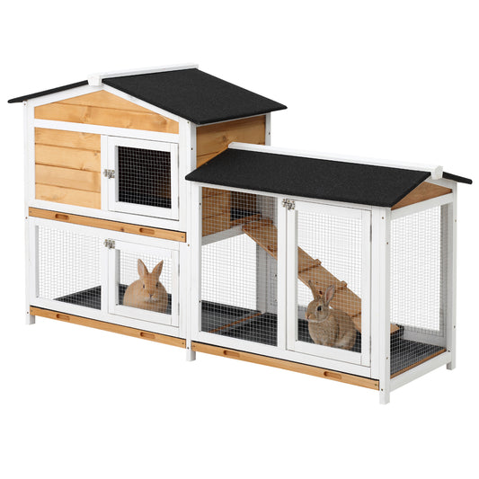 Rabbit Hutch Guinea Pig Hutch Wooden House with Run, 2 Tier Pet Cage Outdoor with No-leak Plastic Trays, 157.4 x 53 x 93.5cm