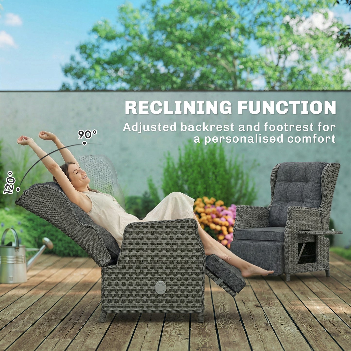 Rattan Garden Recliner Chair, Reclining Garden Chair with Adjustable Back and Footrest, Flip Table, Cushion, Dark Grey