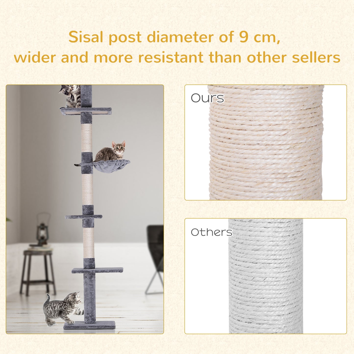 Floor to Ceiling Cat Tree 230-260cm Height Adjustable, 5-Tier Cat Tower with Scratching Posts, Hammock, Perches