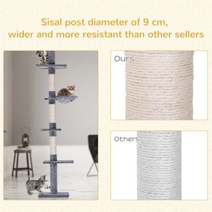 Floor to Ceiling Cat Tree 230-260cm Height Adjustable, 5-Tier Cat Tower with Scratching Posts, Hammock, Perches