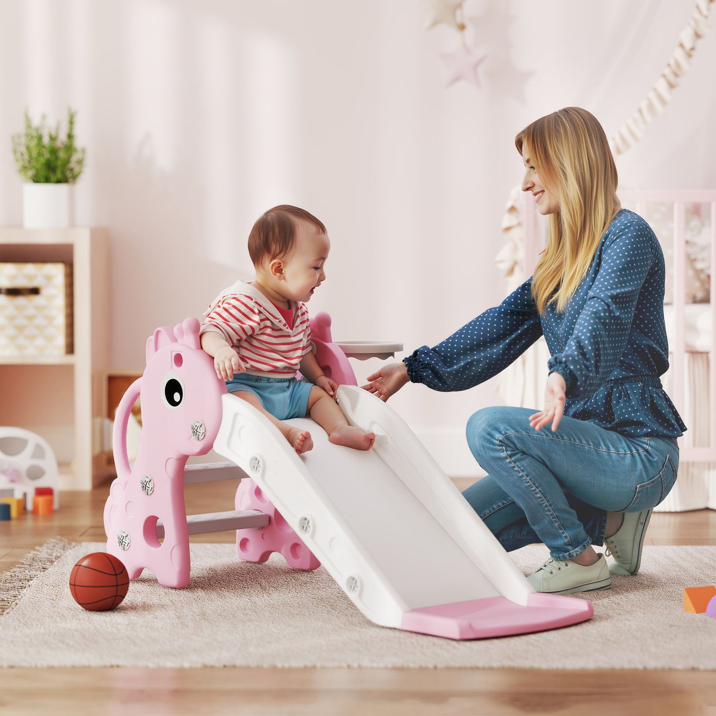 3 in 1 Kids Slide with Climber, Basketball Hoop and Ball, Giraffe Shape Climber Slide for Indoor Kids Age 1-3, Pink
