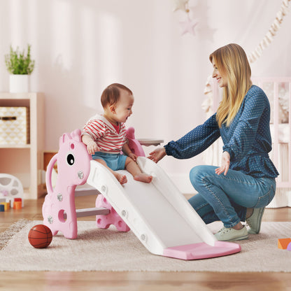 3 in 1 Kids Slide with Climber, Basketball Hoop and Ball, Giraffe Shape Climber Slide for Indoor Kids Age 1-3, Pink