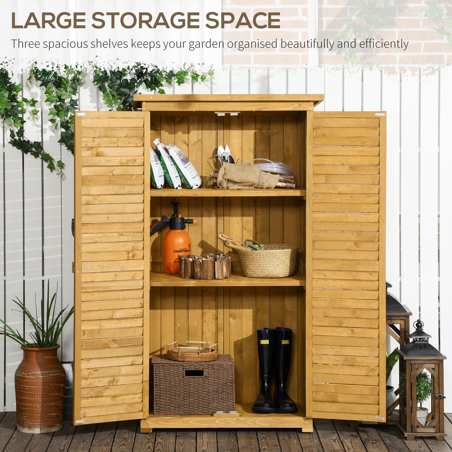 Wooden Garden Storage Shed with Shelves, Outdoor Tool Cabinet with Asphalt Roof for Patio Organisation, 87cm x 47cm x 160cm