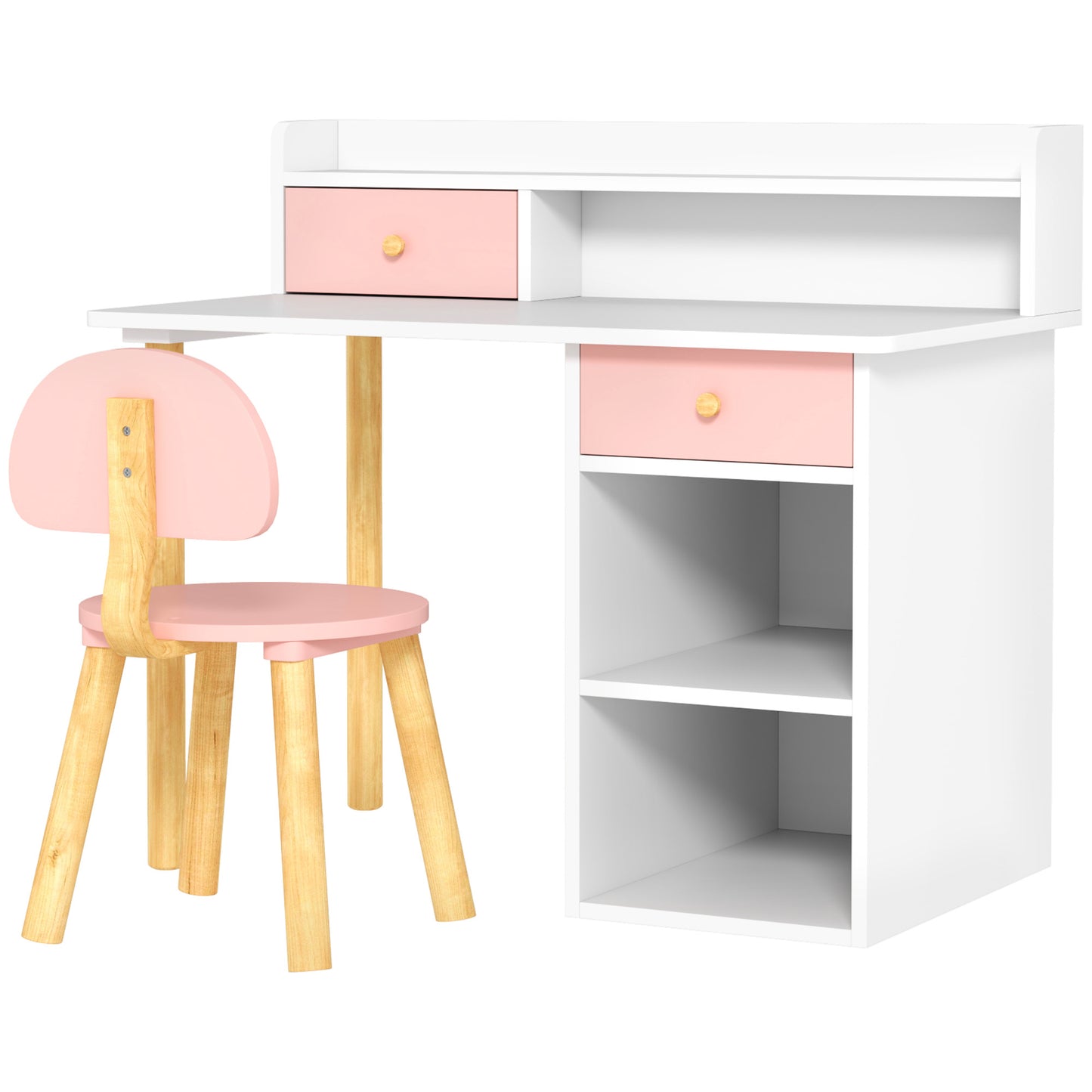 2 Pieces Children Study Table with Hutch, Kids Desk and Chair Set with Storage, Drawer, Shelves, Pink
