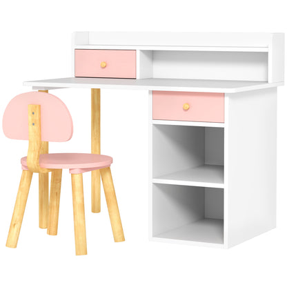 2 Pieces Children Study Table with Hutch, Kids Desk and Chair Set with Storage, Drawer, Shelves, Pink
