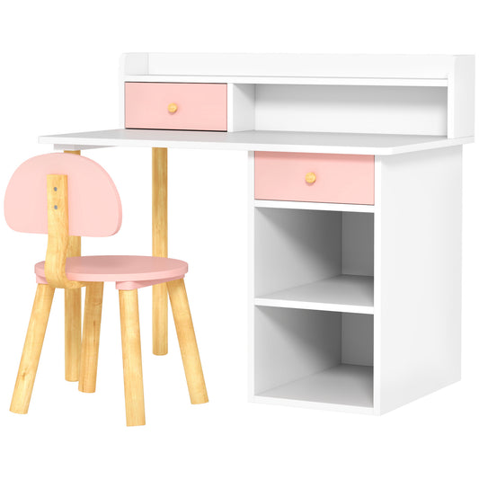 2 Pieces Children Study Table with Hutch, Kids Desk and Chair Set with Storage, Drawer, Shelves, Pink