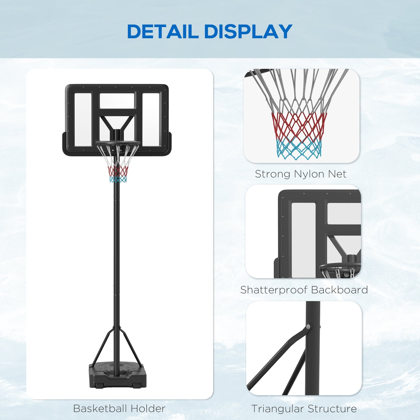 Height Adjustable Basketball Stand Net Set System, Freestanding Basketball Hoop and Stand w/ Wheels, 200-305cm - Black