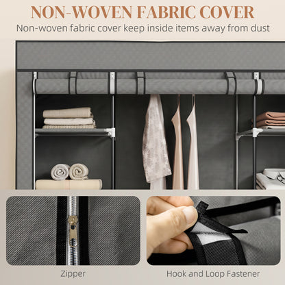 Clothes Storage Organiser with Hanging Rail, Shelves, Portable Wardrobe, Foldable Fabric Wardrobe, Dark Grey