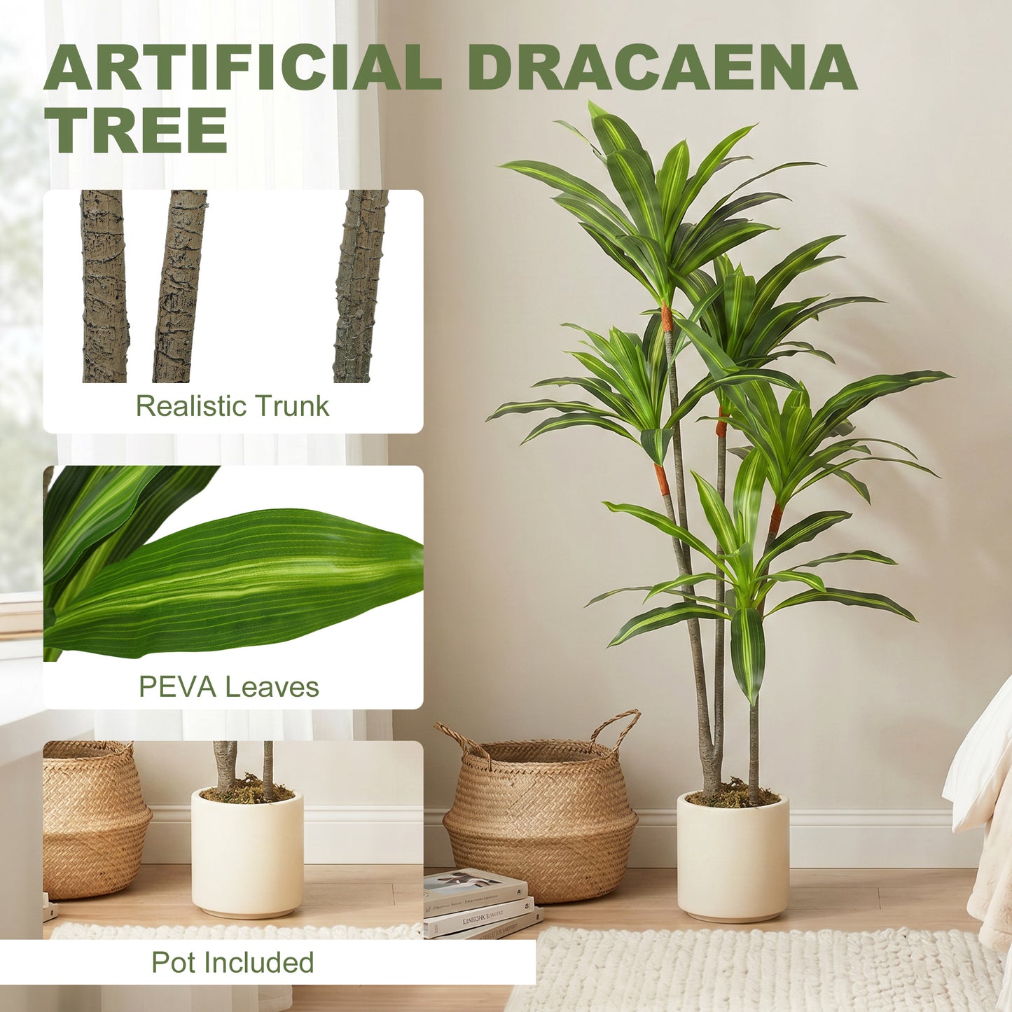150cm Lifelike Fake Tree, Artificial Dracaena Tree with Bendable Trunks, Green