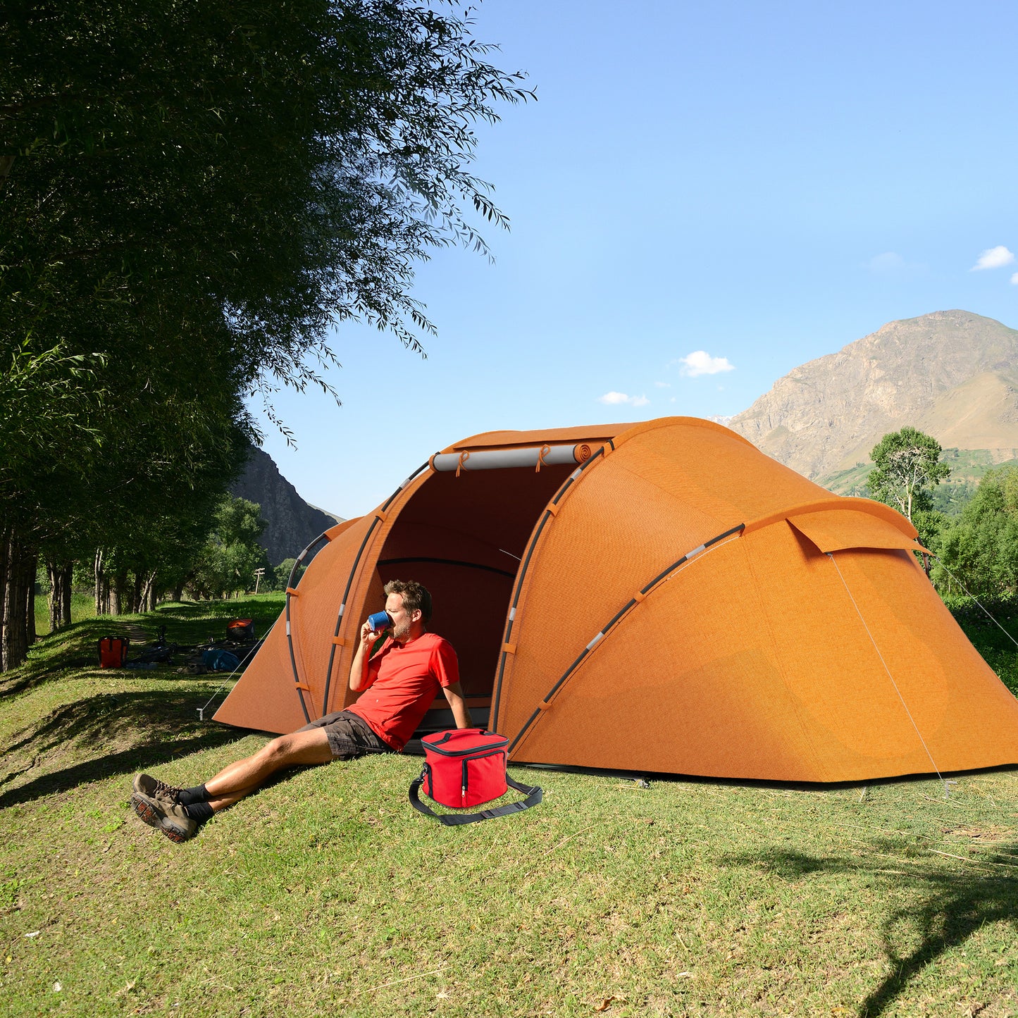 4 Man Camping Tent, UV Protection Tunnel Tent with 2 Bedrooms and Living Area, Large Hiking Sun Shelter, 430 x 240 x 170 cm