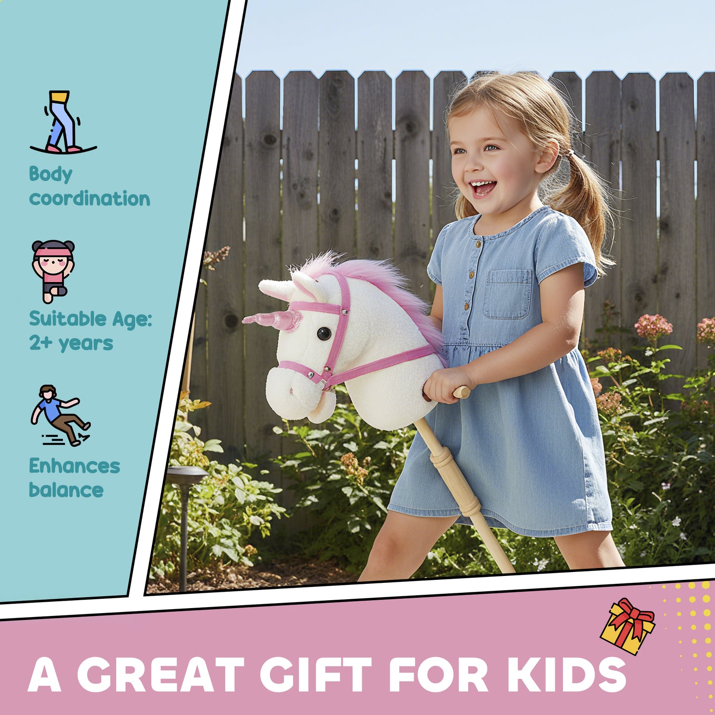 Unicorn Stick Horse with Wood Wheels, Real Pony Neighing and Galloping Sounds, Grip Handle, 95 cm, White