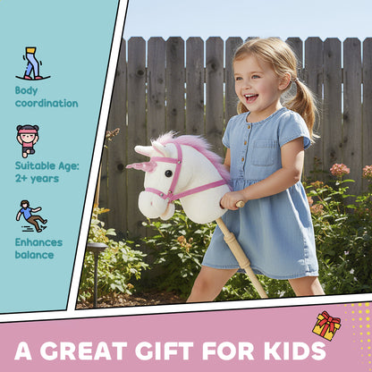 Unicorn Stick Horse with Wood Wheels, Real Pony Neighing and Galloping Sounds, Grip Handle, 95 cm, White