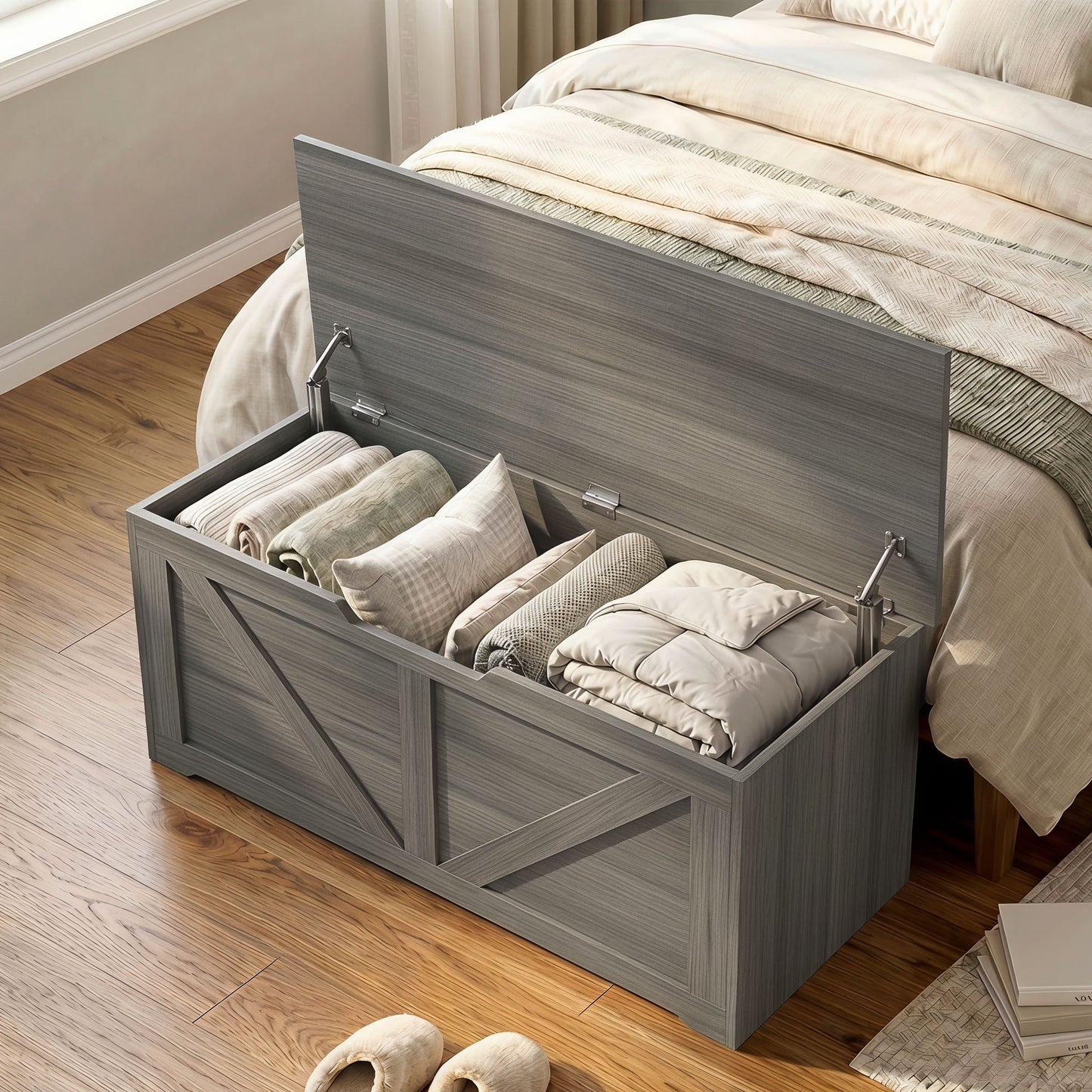 127L Home Storage Box, with Safety Hinges - Dark Grey Wood-Effect