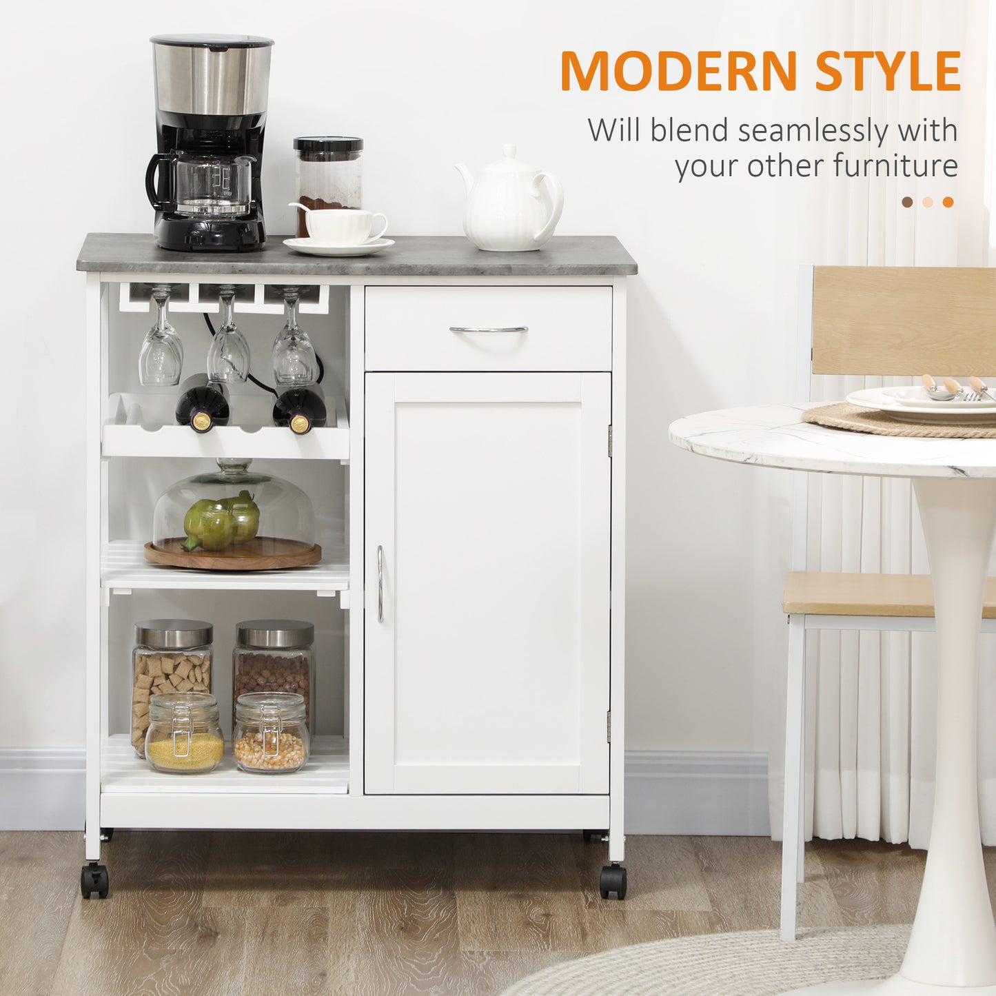 Kitchen Trolley with Wine Rack, Drawer, Open Shelf and Storage Cabinet for Dining Room, White