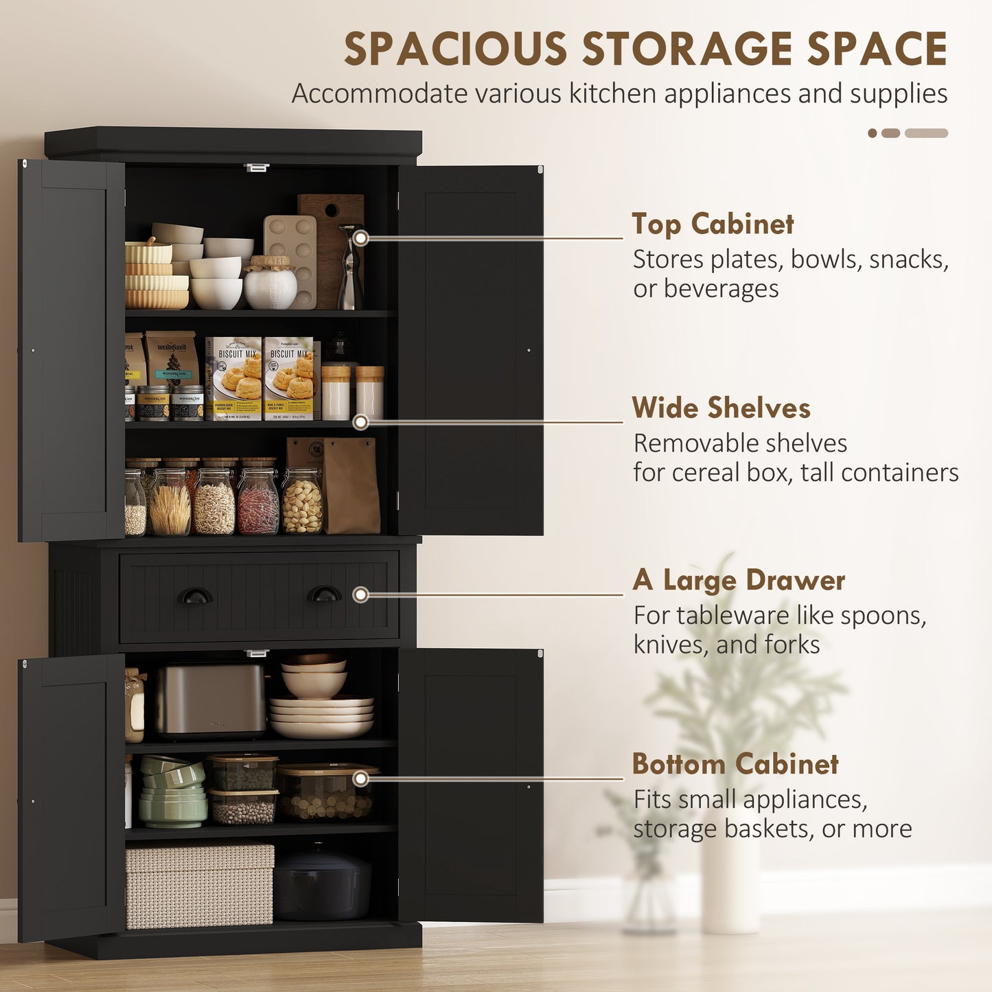 Kitchen Storage Cabinet with Drawer and Adjustable Shelves - Black