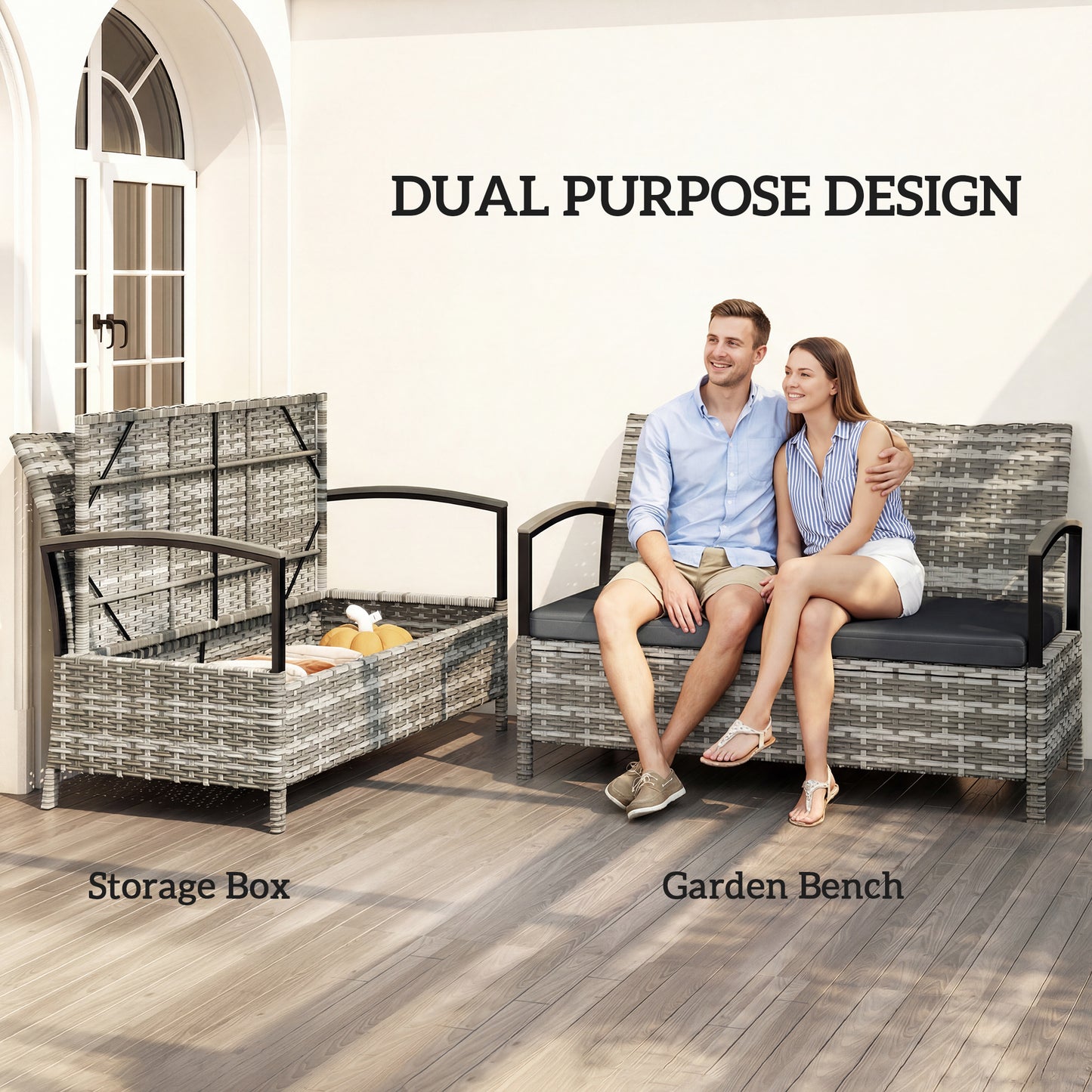 125L Garden Storage Bench, 2 Seater PE Rattan Outdoor Bench Storage Box with Padded Cushion, Dark Grey