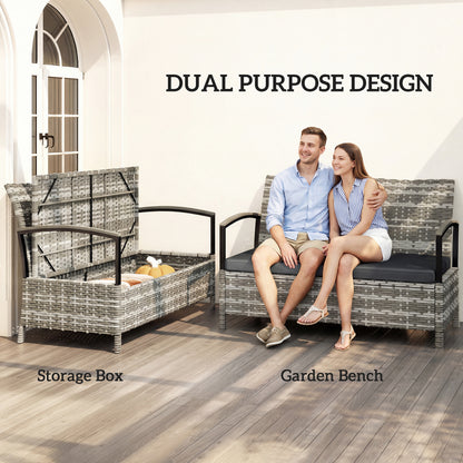 125L Garden Storage Bench, 2 Seater PE Rattan Outdoor Bench Storage Box with Padded Cushion, Dark Grey