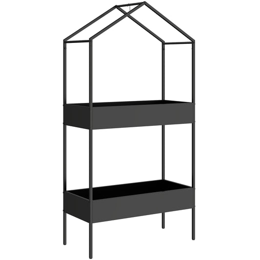2 Tier Plant Stand, Outdoor Indoor Metal Plant Stand with Hook, House-Shaped Pots Holder Display Rack, Black