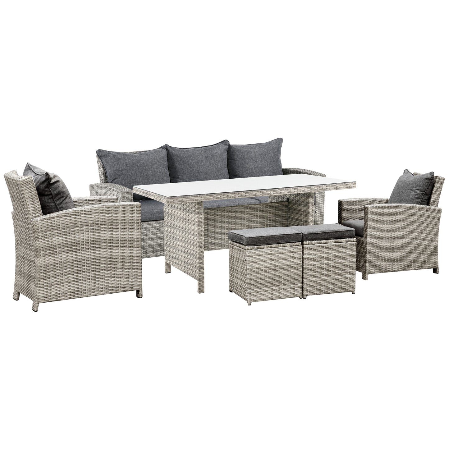 6-Piece Wicker Rattan Garden Set, Aluminium Patio Wicker Dining Sets with Glass Top Table & Soft Cushion, Light Grey