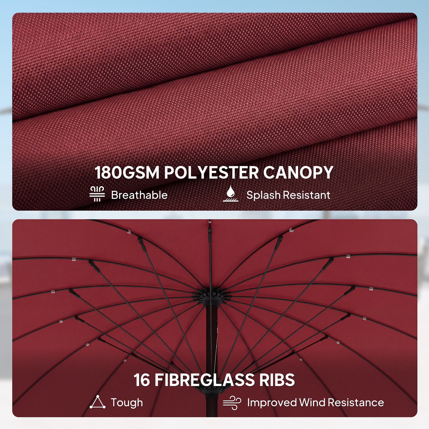 2 m Shanghai Garden Parasol Umbrella with 16 Fibreglass Ribs, Outdoor Parasol Sun Shade with Crank & Tilt, Wine Red
