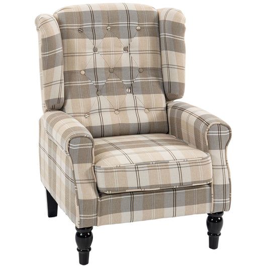 Wingback Accent Chair, Linen-Look Fabric Armchair with Thick Spring Cushion, High Back, Khaki Plaid