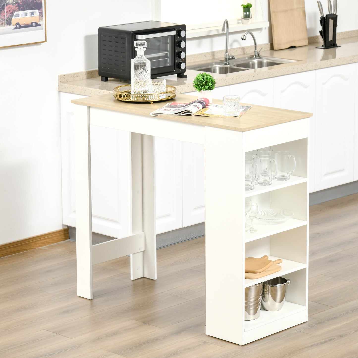 Bar Table, Dining Table with 4-Tier Storage Shelf for Breakfast Bar, Kitchen, Dining Room, Living Room, Natural