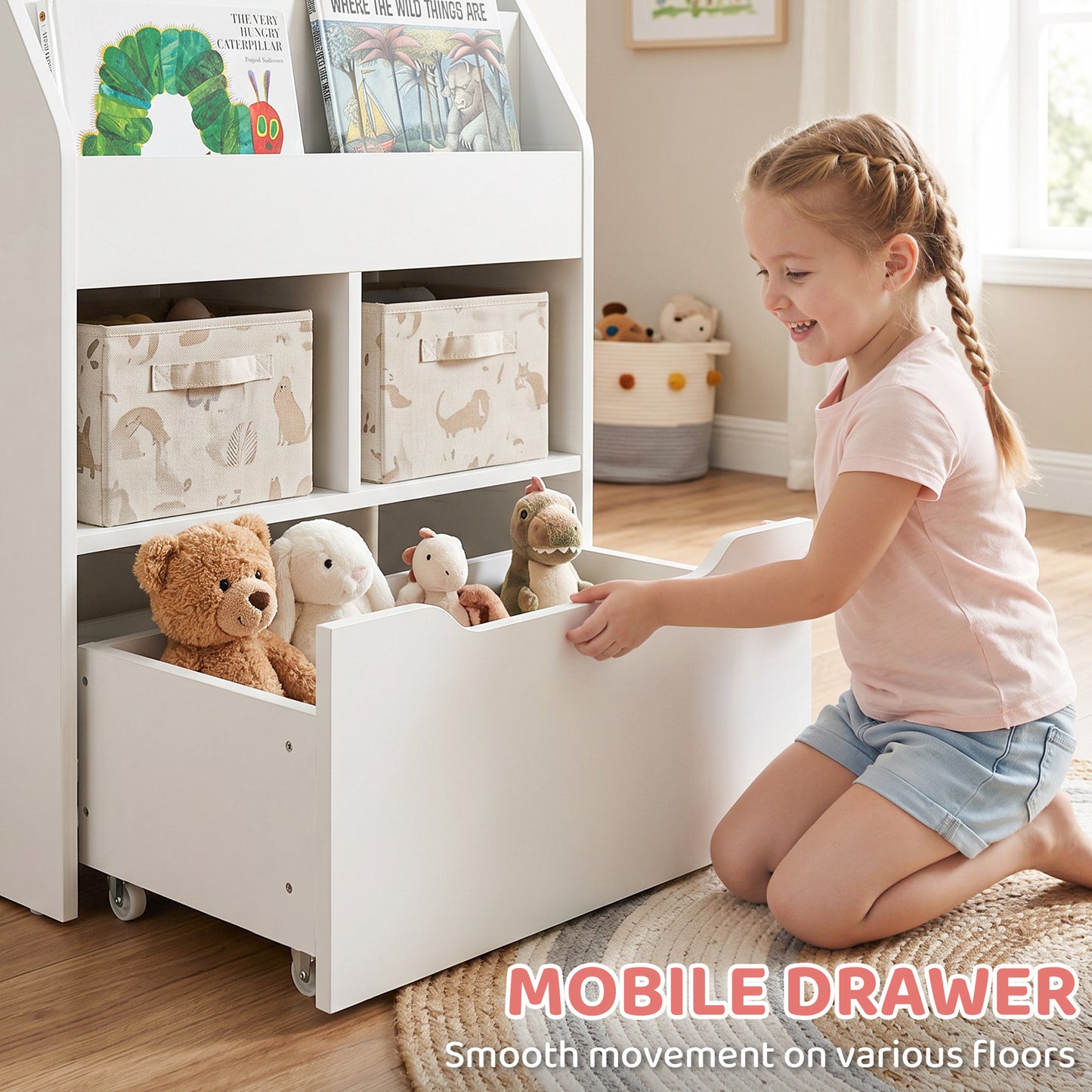 Kids Bookshelf, Toy Organiser, with Storage Drawer, Wheels - White