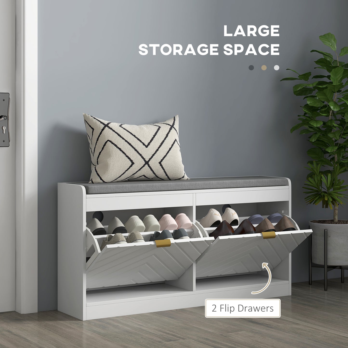 Shoe Storage with Seat, Upholstered Entryway Bench, Shoe Bench with 2 Flip Drawers and 4 Vents for 8 Pairs of Shoes