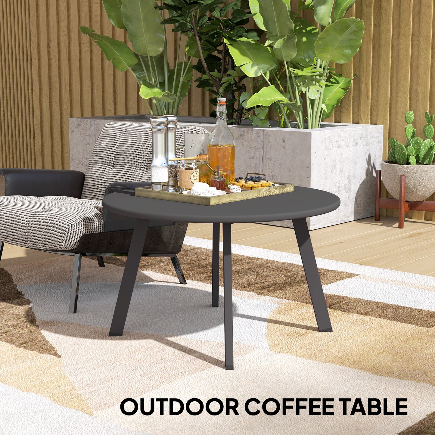 70cm Round Coffee Table, Outdoor Garden Table with Non-Slip Foot Pads and Metal Frame for Garden, Terrace, Balcony