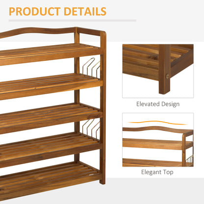 5-Tier Shoe Rack, Acacia Wooden Shoe Storage Organiser with Hangers, Holds up to 19 Pairs, for Entryway, Living Room
