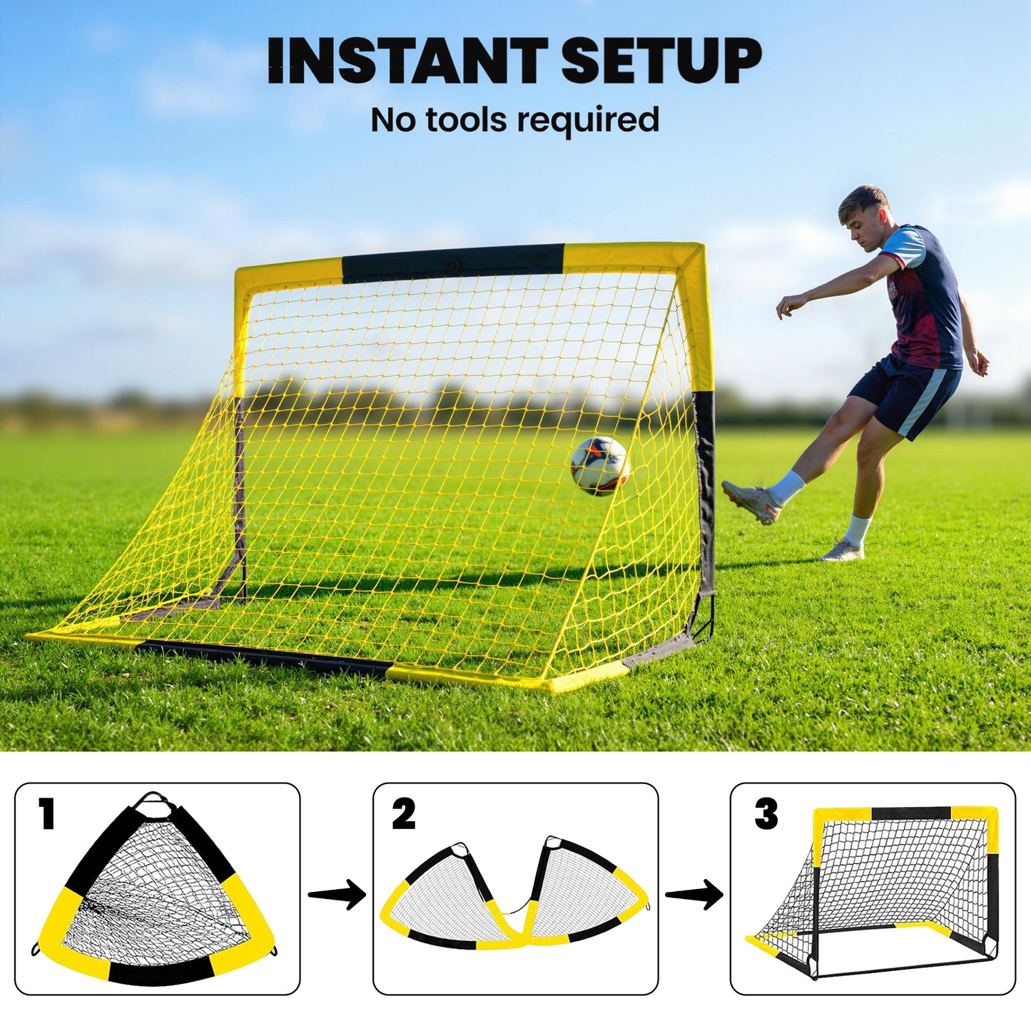 Pop Up Football Goal, Portable Folding Football Net with Carry Bag, 4 U-Shaped Ground Stakes, Fibreglass Pole