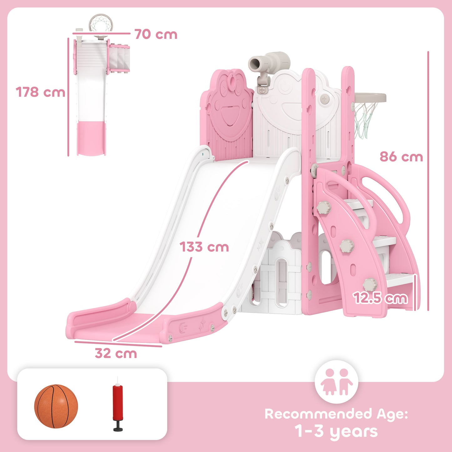 5 in 1 Kids Slide Set with Basketball Hoop, Climbing Frame, Telescope, Storage Box for Toddlers Ages 1-3, Pink