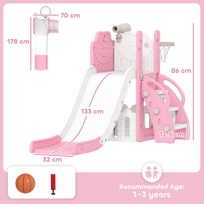 5 in 1 Kids Slide Set with Basketball Hoop, Climbing Frame, Telescope, Storage Box for Toddlers Ages 1-3, Pink