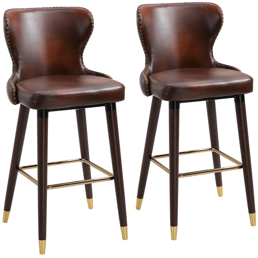 Bar Stools Set of 2, PU Leather Barstools with Back, Footrest and Wood Legs for Kitchen, Counter, Breakfast Bar, Brown